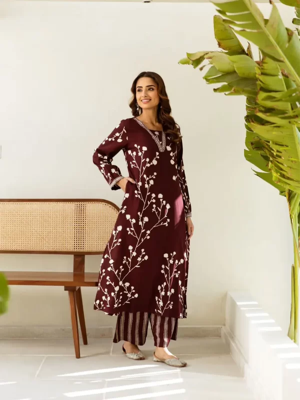 Wine Flower Print Kurta Set