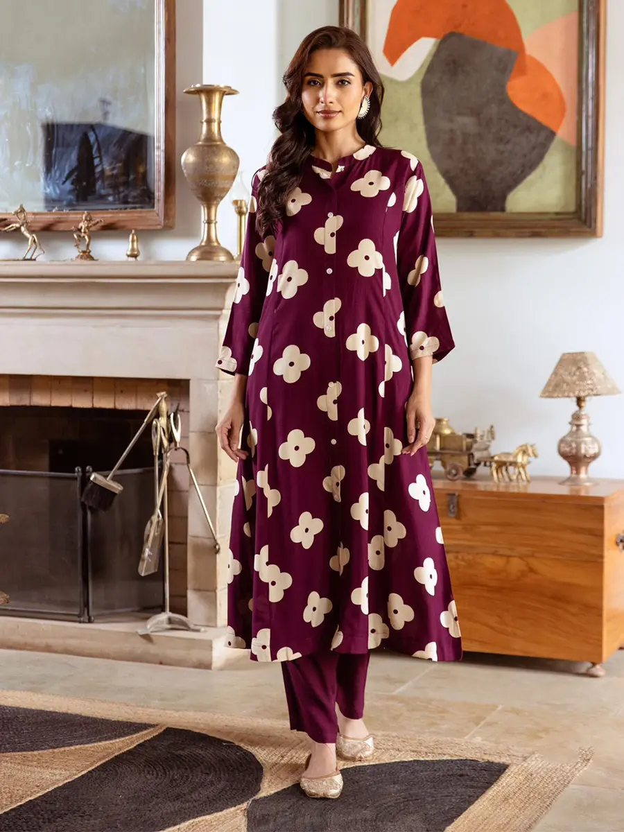 Wine Flower German Print Kurta Set