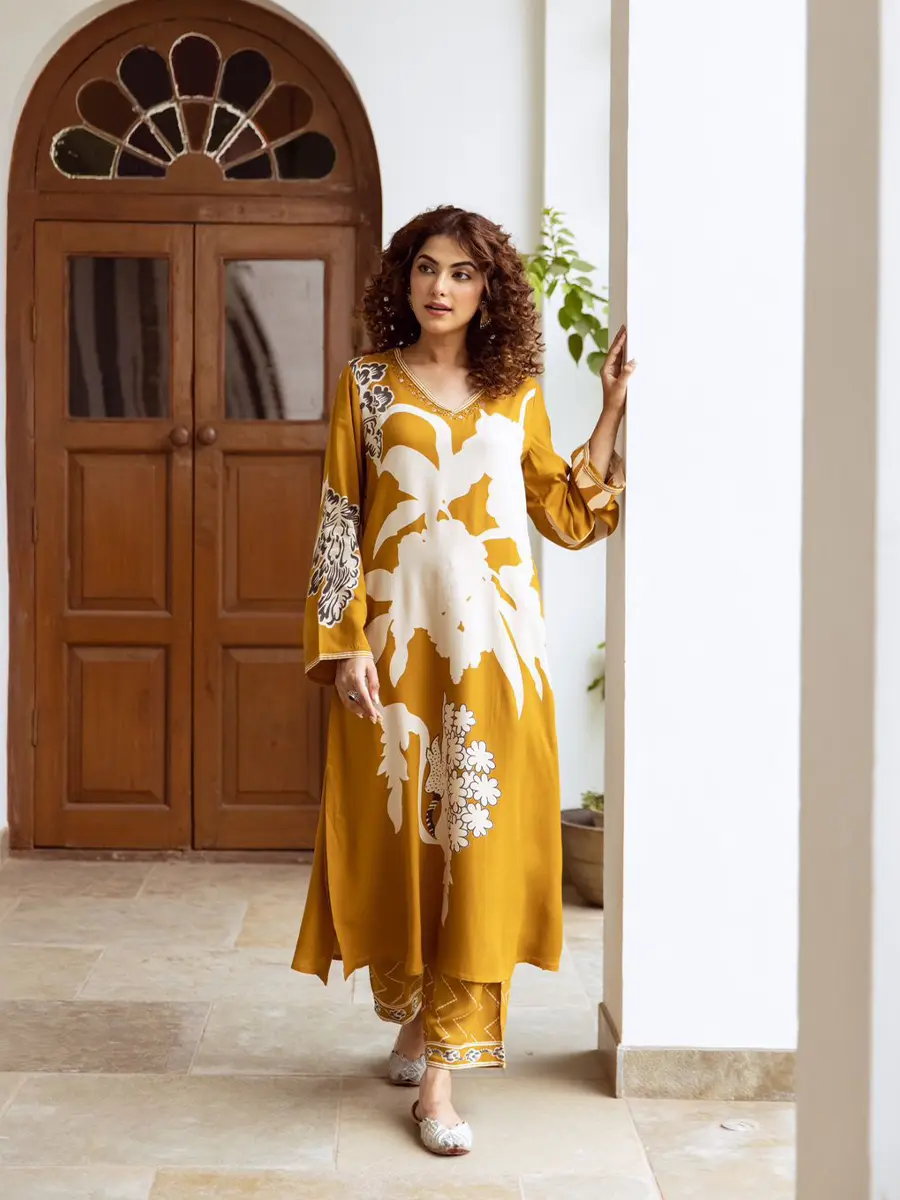 Mustard Flower Print With Bottom Print Kurta Set