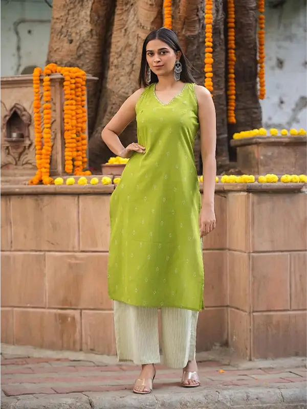 Sheen Green Cotton Kurta Set