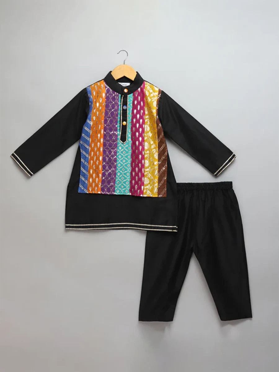 Colorful Zari Black Kurta Pyjama Set for Kids