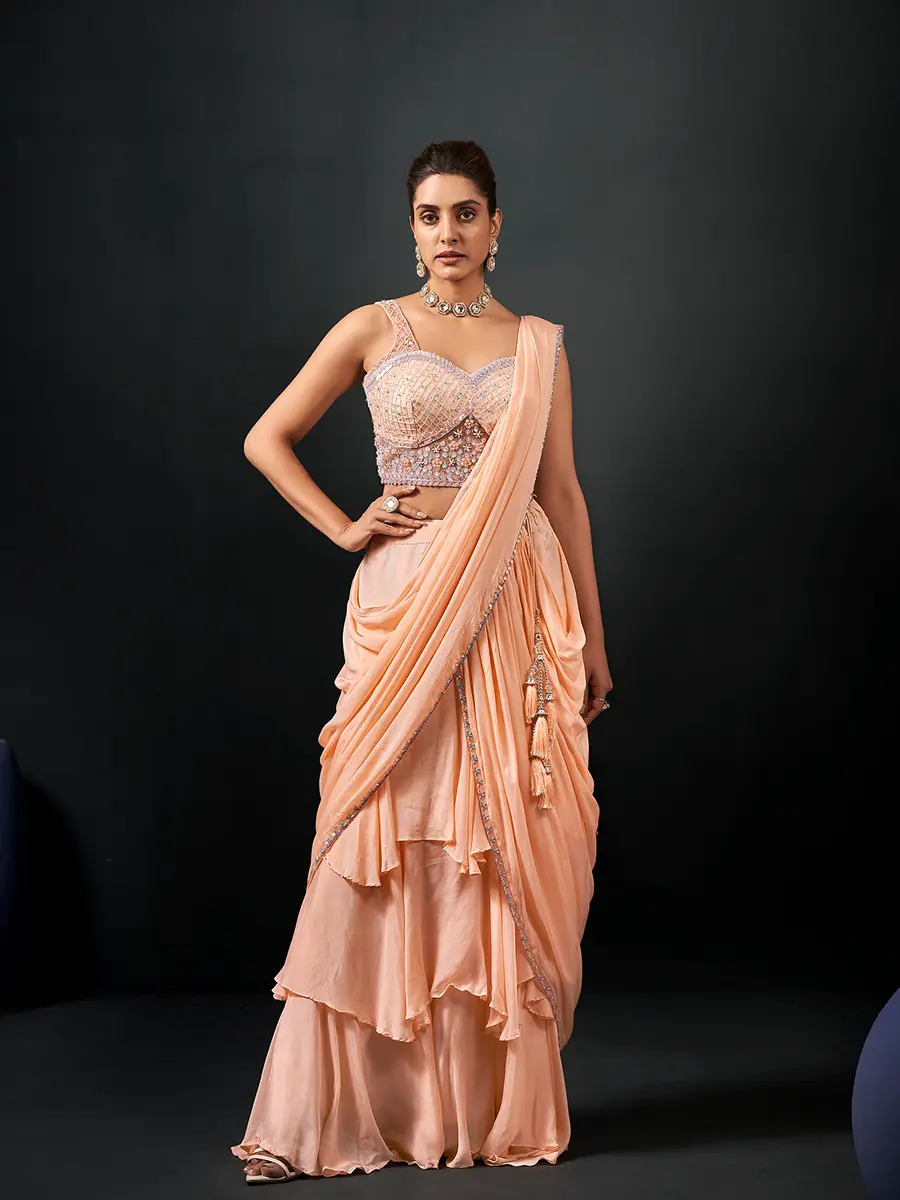 Peach Georgette Chiffon Saree