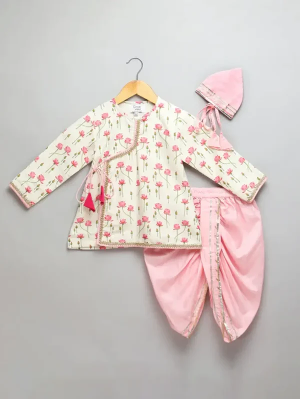 Off White & Baby Pink Lotus Printed Kurta Set for Kids