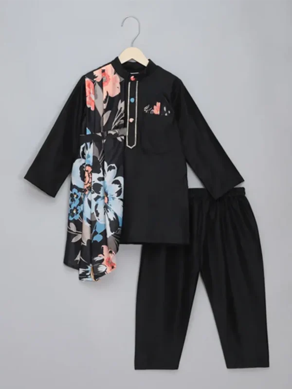 Asymmetric Pleat Print Black Kurta Set for Kids