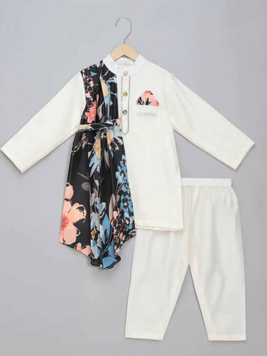 Asymmetric Off White & Black Kurta Set for Kids