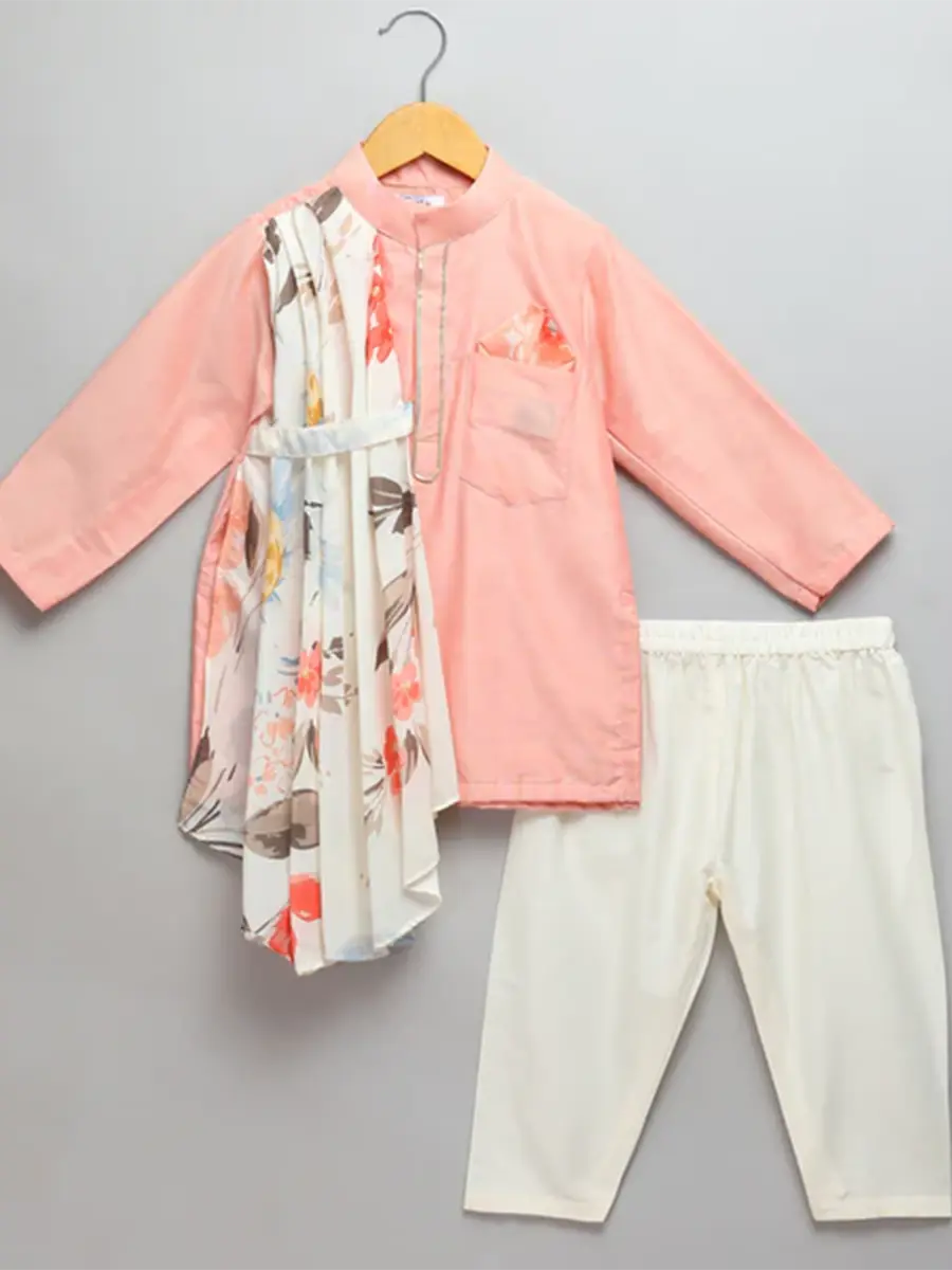 Pleat Print Peach Kurta Pyjama Set for Kids