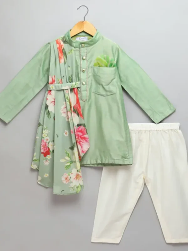 Mint Green Asymmetric Kurta Pyjama Set for Kids