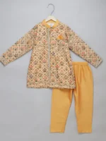 Beige Mughal Printed Kurta Set with Pyjama for Kids