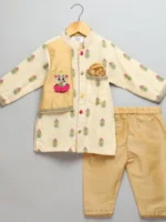 Beige Kurta Set with Embroidery Jacket for Kids