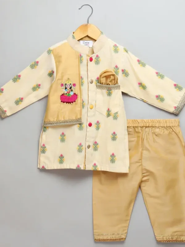 Beige Kurta Set with Embroidery Jacket for Kids