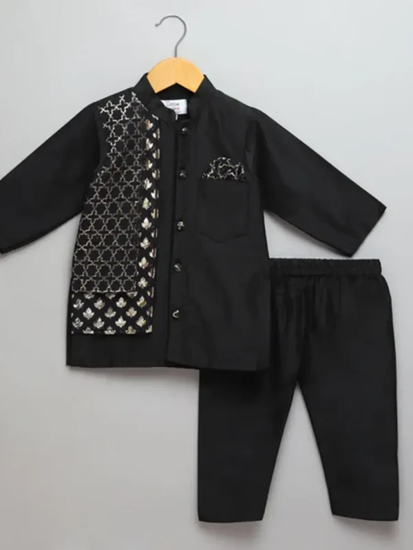 Black Kurta Pyjama with Jacket for Kids