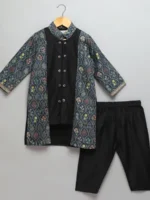 Black Kurta Pyjama Set with Printed jacket for Kids