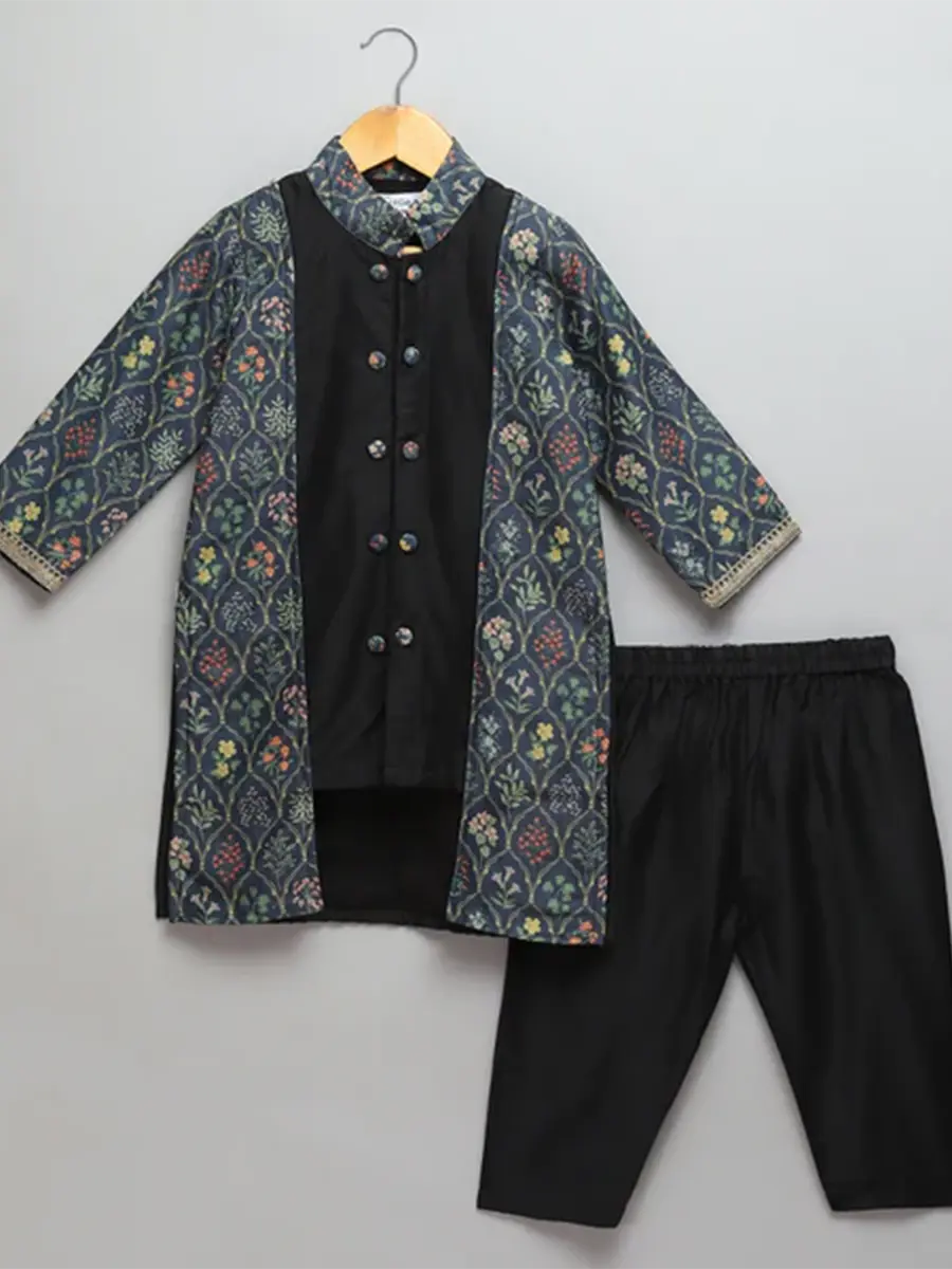 Black Kurta Pyjama Set with Printed jacket for Kids