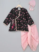 Black & Baby Pink Printed Kurta Set for Kids