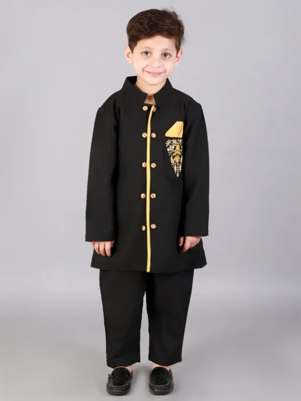 Black Bandhgala Embroidery Set with Trousers for Kids