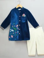 Blue Velvet Bandhgala Embroidery Set for Kids