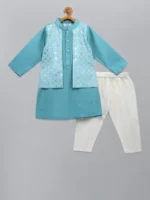 Blue Kurta Pyjama Set with attached Jacket