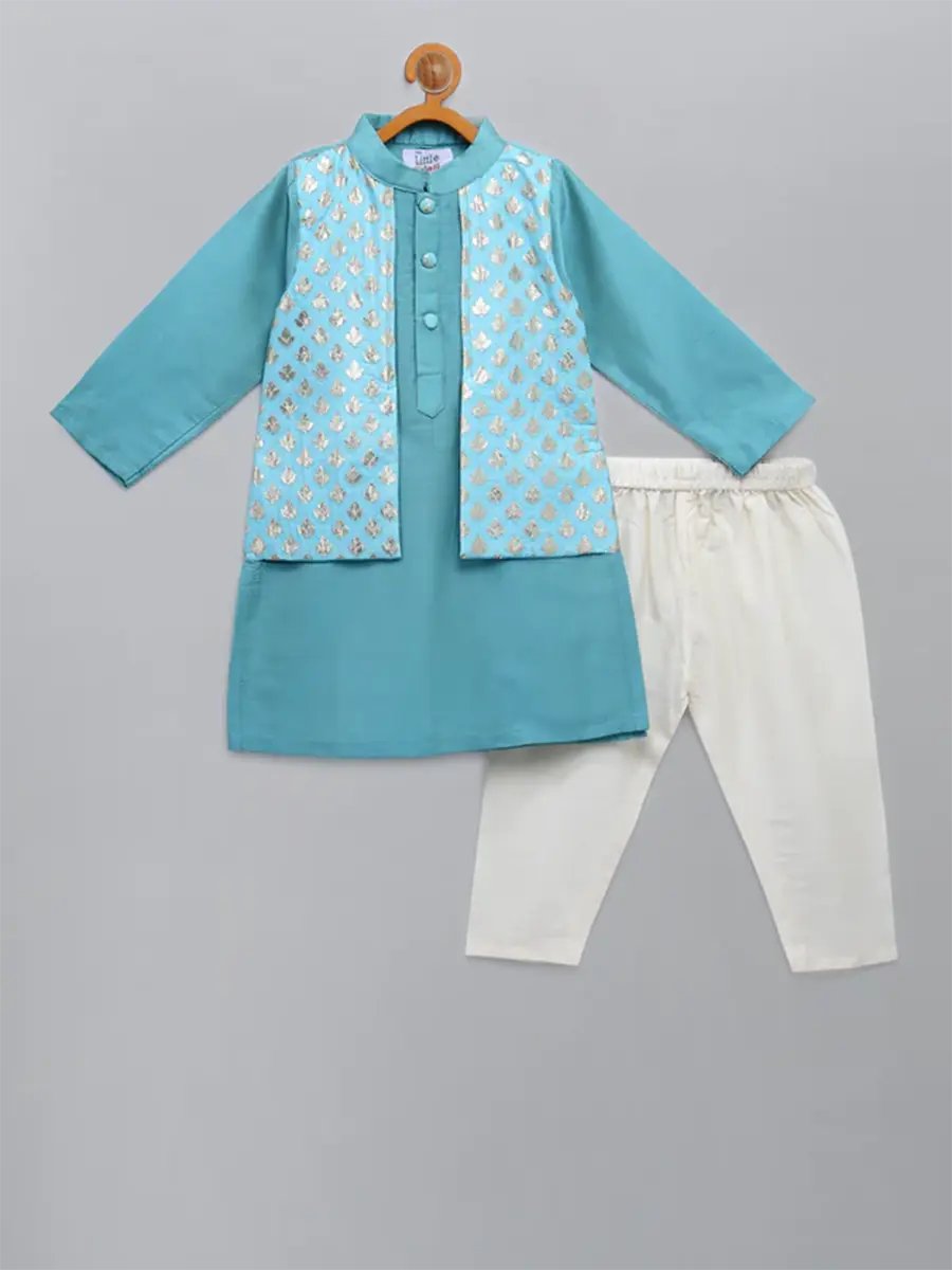 Blue Kurta Pyjama Set with attached Jacket