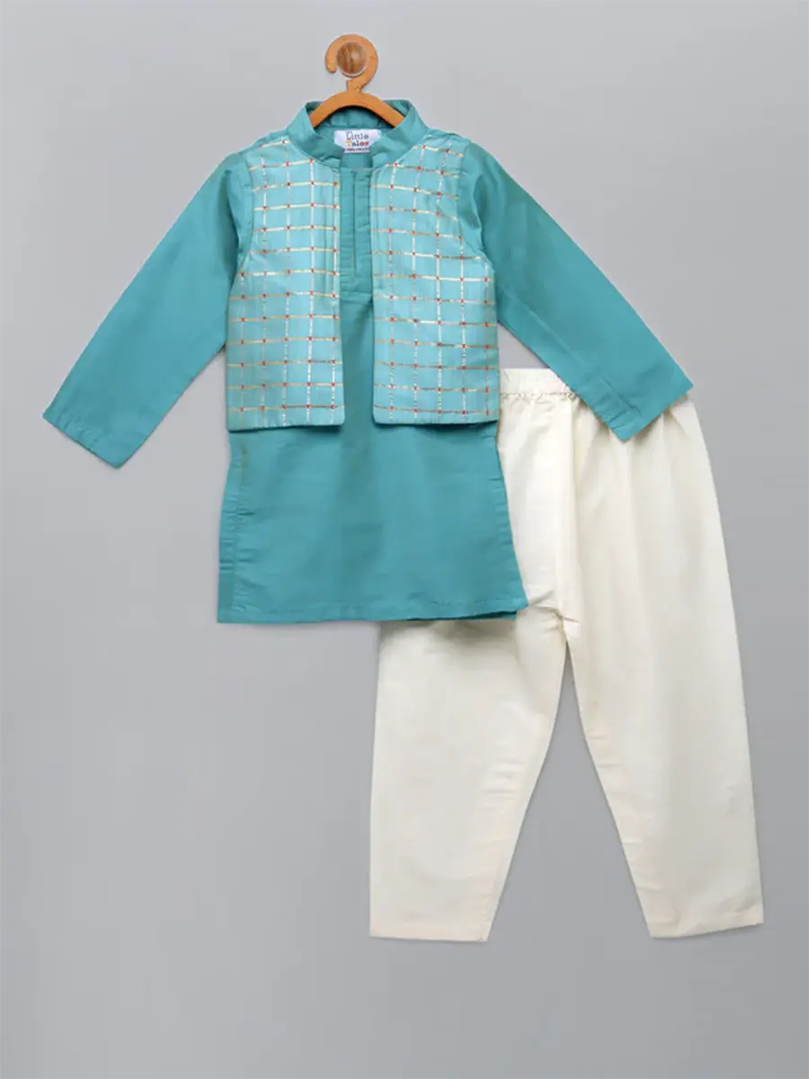 Blue Kurta Set with Check Attached Jacket and Pyjama