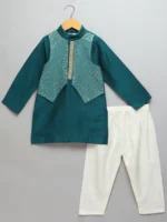 Green Kurta with Jacket & Pyjama For Kids