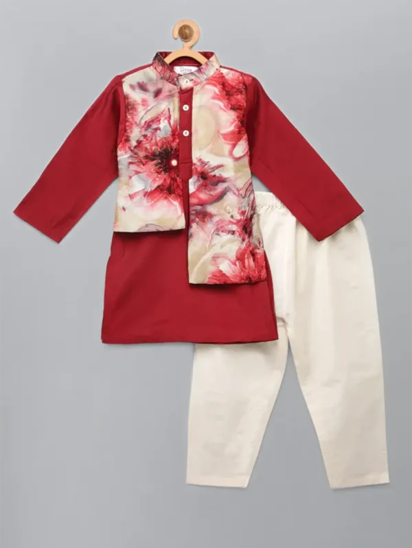 Deep Red Kurta Set with Attached Printed Jacket