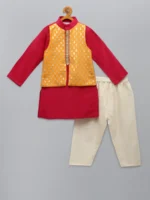 Pink Kurta Pyjama Set with Yellow Zari Attached Jacket