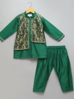 Green Kurta Pyjama Set with Brocade Jacket for Kids