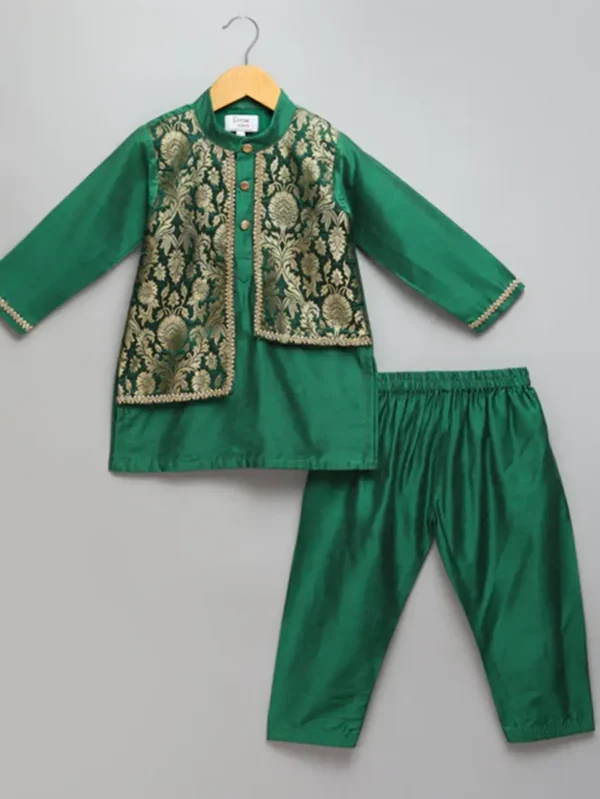 Green Kurta Pyjama Set with Brocade Jacket for Kids