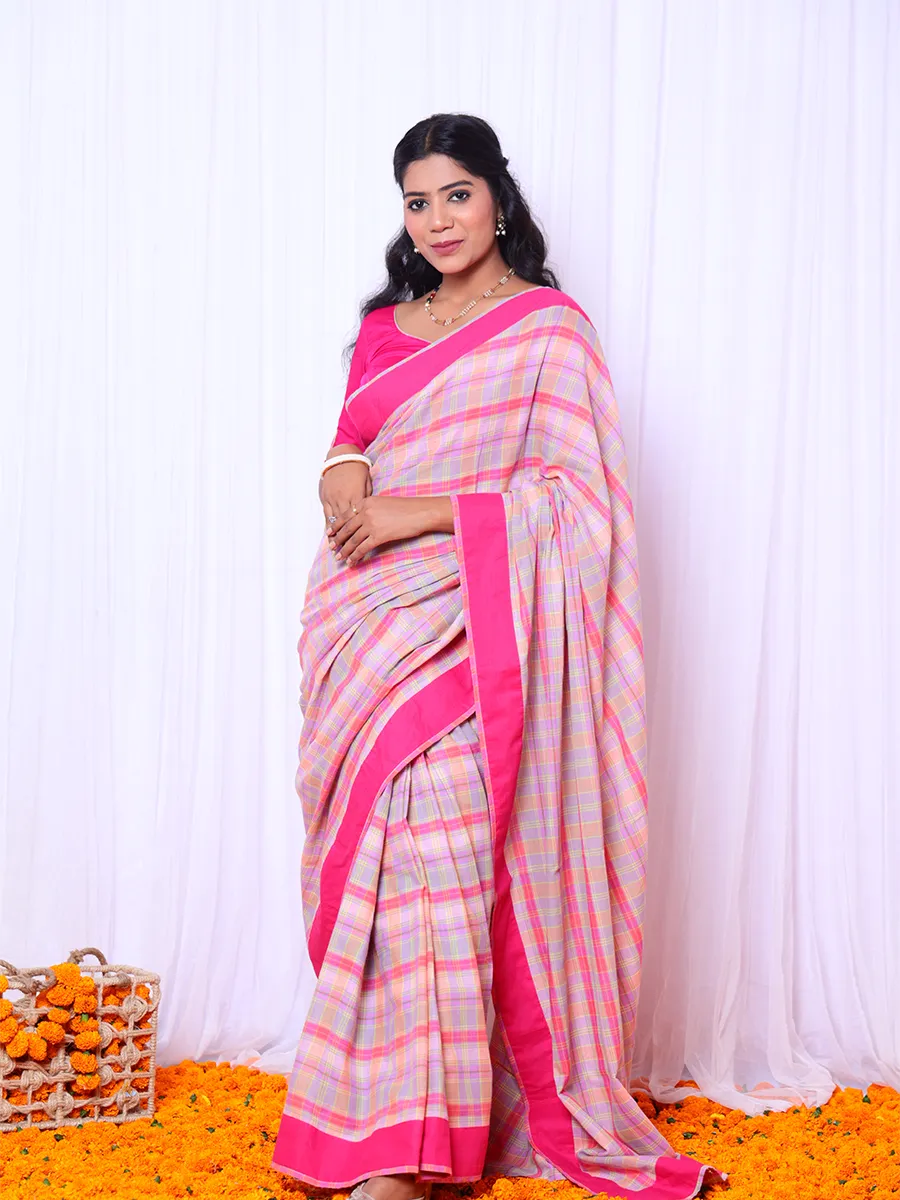 pink checks saree