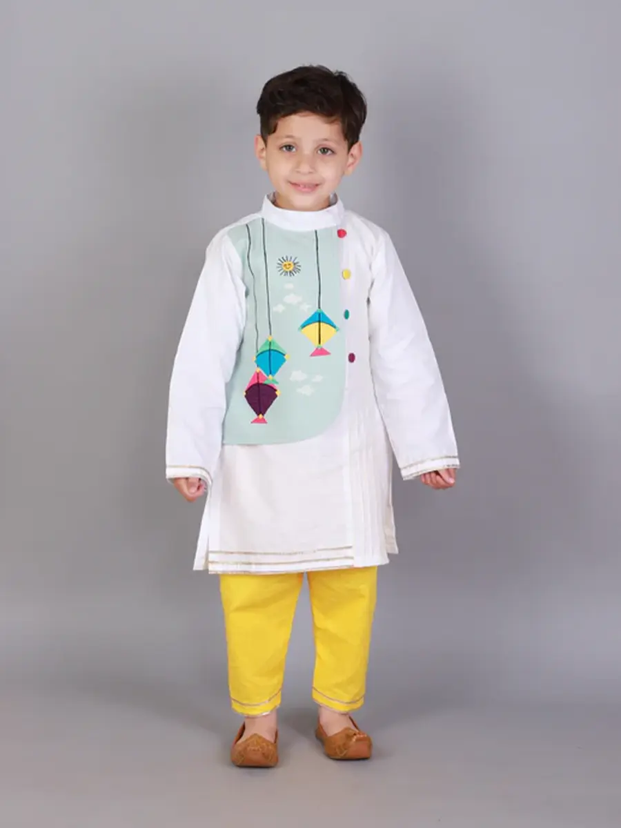 White & Blue Kurta Pyjama Set for Kids