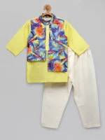 Lime Yellow Cotton Kurta Set with Printed Jacket & Pyjama