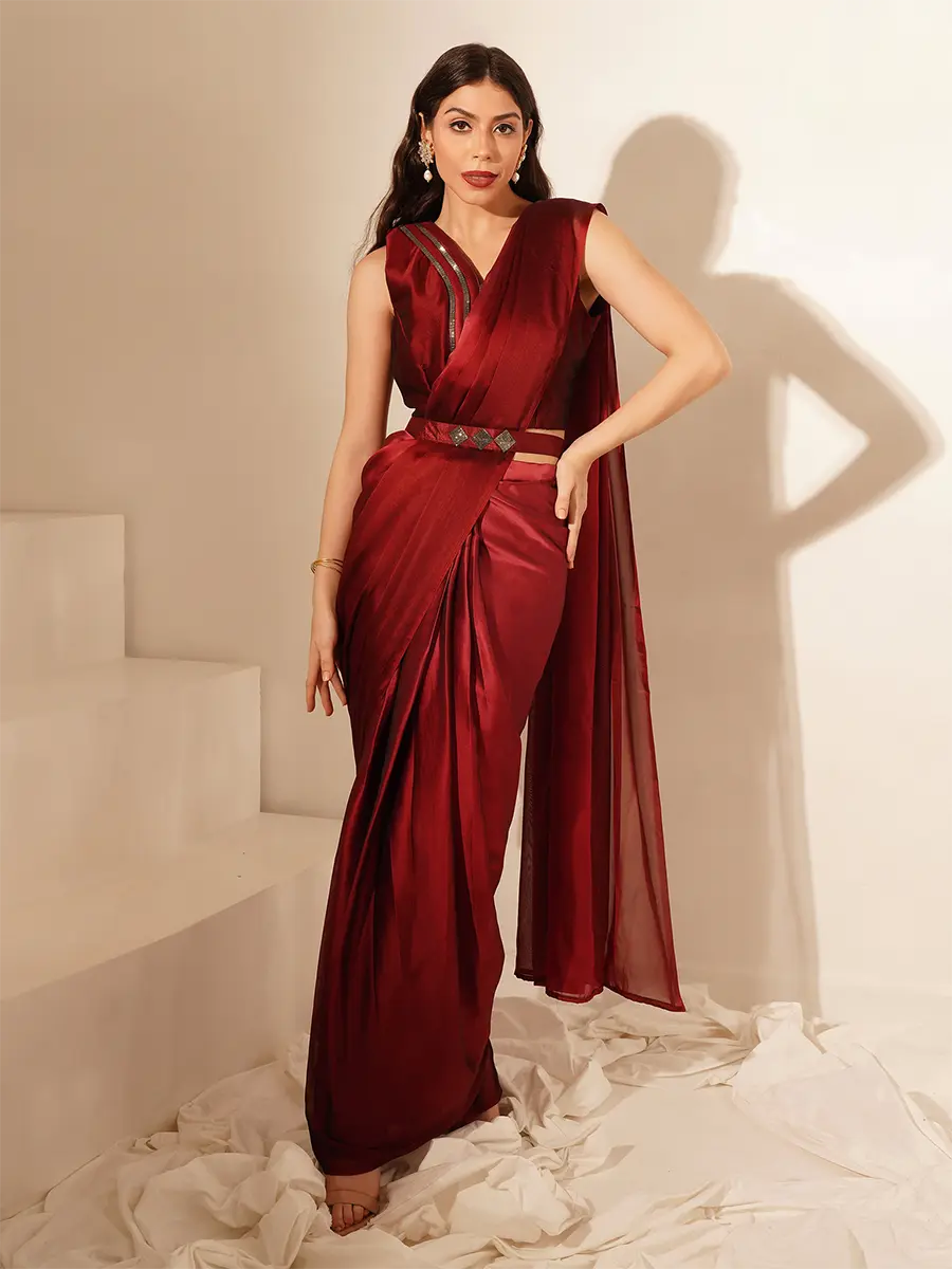 Maroon Ombre Chinon Saree for Women