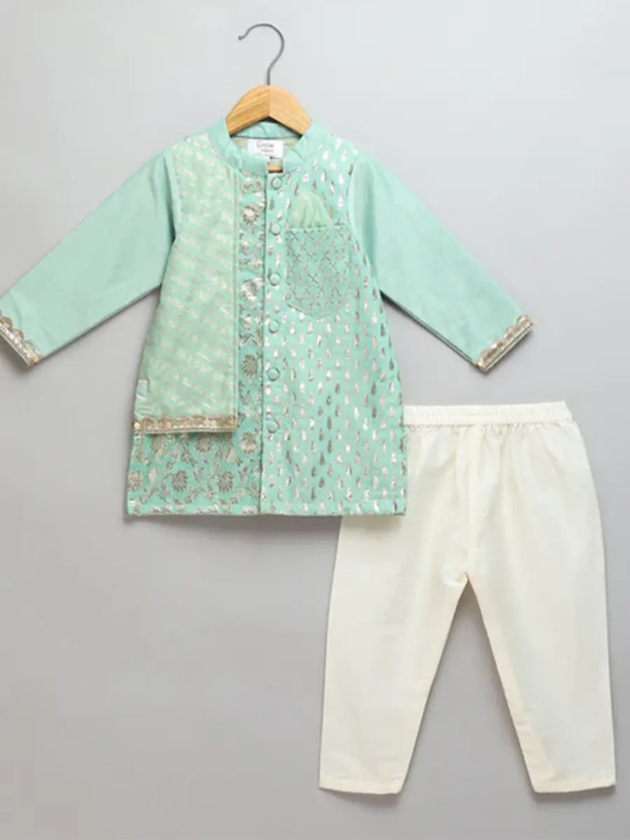 Mint Green Kurta Pyjama Set with Churidars for Kids