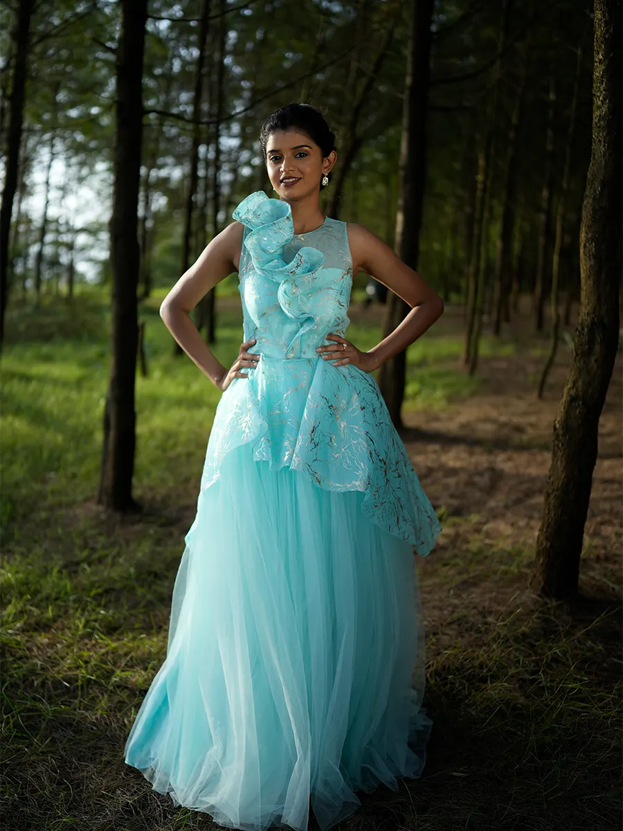 Teal Green Ruffle Gown for Women