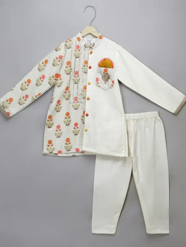 Off White Mughal Printed Kurta for Kids