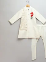 Off White Bandhgala Embroidery Set for Kids