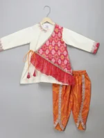 Off White Bandhani Printed Kurta Set for Kids