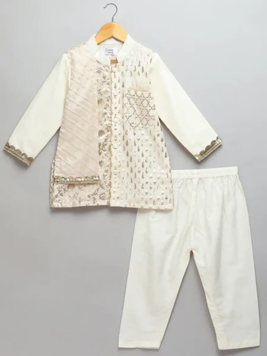 Off White Multi Zari Kurta Pyjama Set for Kids