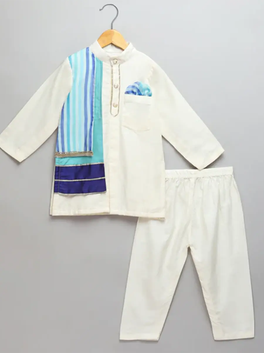 Off White Kurta Set with Jacket & Pyjama for kids