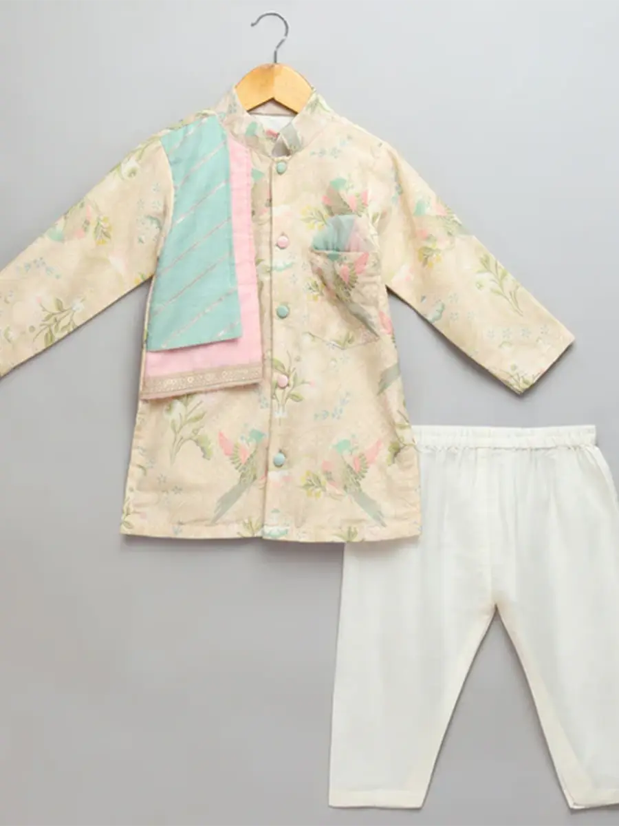 Parrot Printed Kurta Pyjama Set with attached Jacket for Kids