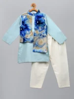 Pastel Blue Kurta Set with Attached Printed Jacket and Pyjama