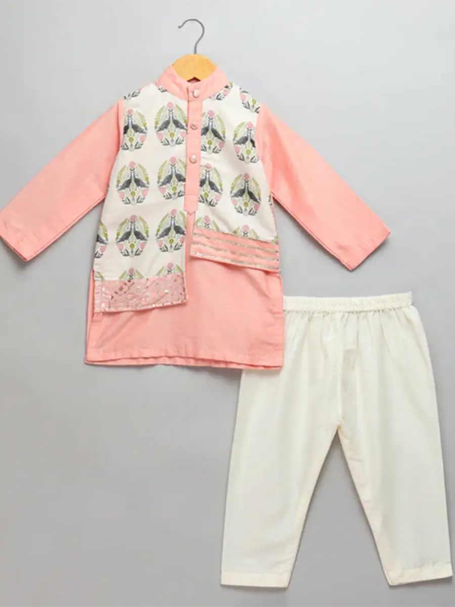 Peach Kurta Pyjama Set with Printed Jacket for Kids