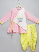 Pink & Yellow Ganpati Embroidered Kurta Set for Kids