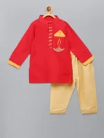 Red Kurta with Beige Pyjama Set