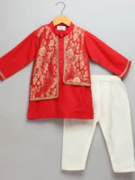 Red Kurta Pyjama with Attached Brocade Jacket for Kids