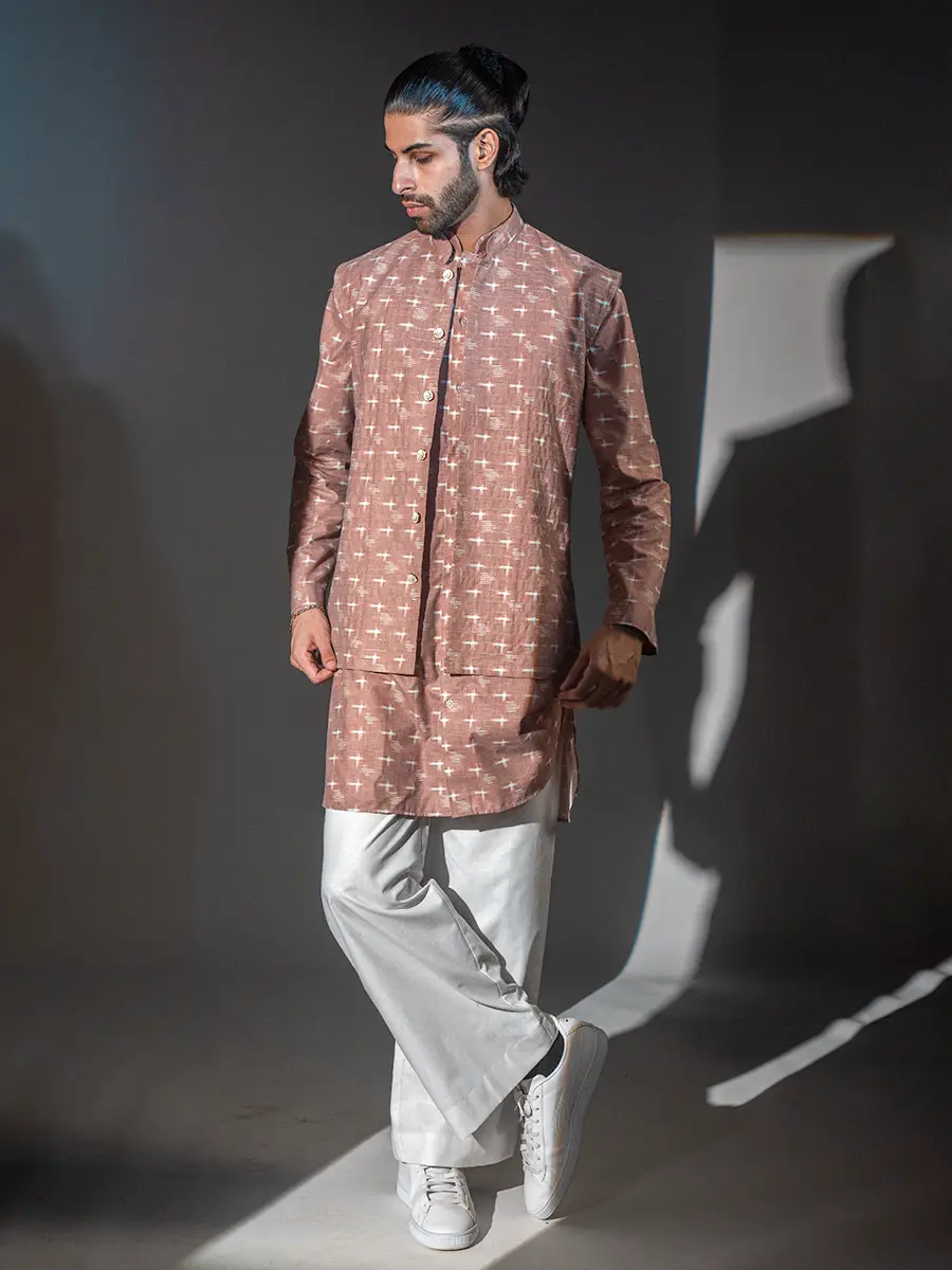 mocha linen kurta set for men