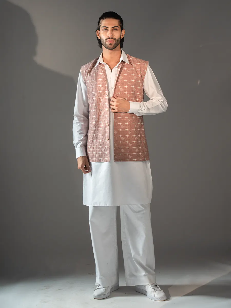 Cotton Linen Kurta Set with Mocha Jacket