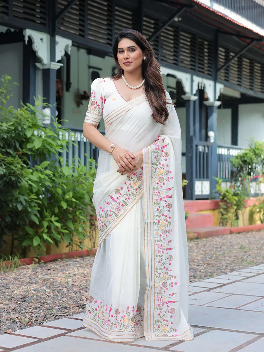 White Embroidered Saree