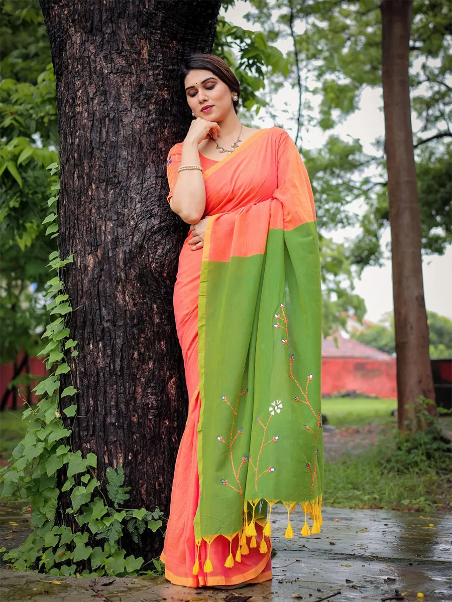 Orange cotton saree