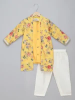 Yellow Kurta Pyjama with Printed Jacket for Kids